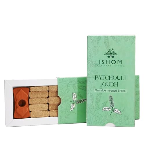Image of ISHOM Smudge Incense Bricks Made with Patchouli Leaves & Oudh Oil, Long Lasting Aroma for Air Purification & Relaxation, Ideal for Meditation, Home Rituals & Aromatherapy (Pack of 15 with Holder)
