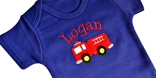Embroidered Fire Truck Bodysuit Creeper Keepsake For Boys With Custom Name And Felt Truck (3-6 Months Short Sleeve) Navy Blue #TOP1