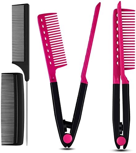 Comb for Hair, 3 in 1 V-Spring Grip Straightening Comb with Firm Grip&Rattail Pintail Comb&Pocket Fine Comb,Carbon Fiber Anti Static and Heat Resistant Teasing Comb,Styling Comb for Unkempt Hair (Pink)