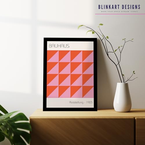Image of BLINKART Vintage Bauhaus Retro Geometric Aesthetic Poster Gallery | Colorful Wrap Framed For Home Office Studio Living Room Modern Art Studio Decoration Abstract Shapes | (d81) | 13x10 Inch