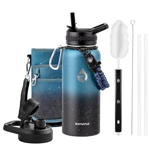 Image of RAYMYLO Insulated Water Bottle 32 oz, Triple Wall Vacuum Stainless Steel (Cold for 24Hrs, Hot for 12Hrs), Leak Proof & Non-BPA, Modern Water Flask Jug with Paracord Handle & Straw Spout Lids