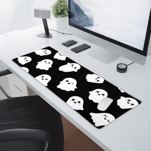 Image of Halloween Cute Ghost Mouse Pad Kawaii Cartoon Spooky Funny Spirit Extended Desk Mat Non-Slip Rubber Base Stitched Edge Large XL Black White Mousepad for Desk Gaming Laptop Desktop,31.5x11.8 Inch