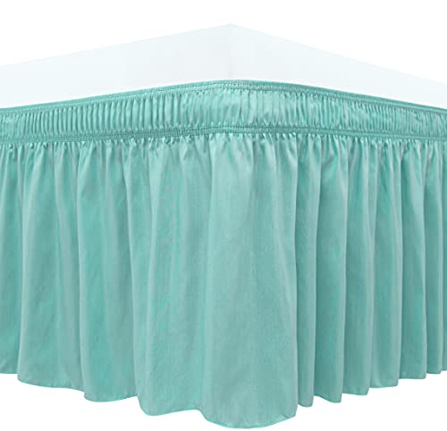 Biscaynebay Wrap Around Bed Skirts For Queen Beds 15 Inches Drop, Aqua Elastic Dust Ruffles Easy Fit Wrinkle & Fade Resistant Silky Luxurious Fabric Solid Machine Washable #TOP1