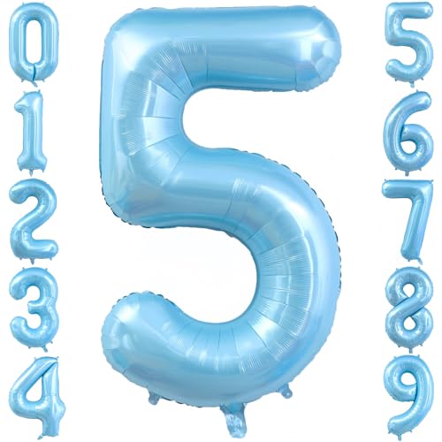Image of Pastel Blue 5 Balloon Number, Light Blue 5 Balloons for Birthday Party | Number 5 Balloon,40 Inch,Pastel Blue,Helium-fillable,5 Foil Mylar Balloons,for Birthday Party Anniversary Decorations