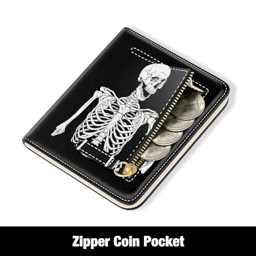 Image of Rouidr Womens Wallet, RFID Small Slim Wallet for Women, Cute Bifold Leather Pocket Credit Card Holder Ladies Mini Purse with Zipper Coin Pocket & ID Window, Abstract Skull