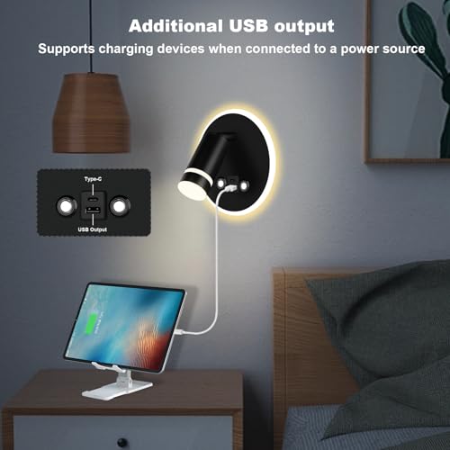 HUIZHOU Reading Lamp Wall Mounted LED Wall Lamp Touch Control 3 Color Temperatures and 12W USB Charging Port 350° Rotating Bed Reading Light Living Room and Bedroom (Round Black) - Image 4