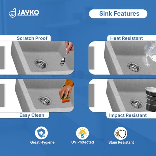 Image of JAYKO Quartz Acrylic Kitchen Sink for Modular Kitchen | Granite Finish, Scratch & Heat Resistant | Easy to Clean & Stylish Sink for Home (BR, 16x18in)