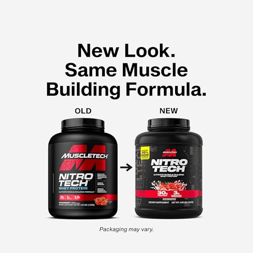 Image of Muscletech Whey Protein Powder (Strawberry, 4 Pound) - Nitro-Tech Ultimate Muscle Building Formula with Whey Protein Isolate - 30g of Protein, 3g of Creatine & 6.8g of BCAA - Packaging May Vary