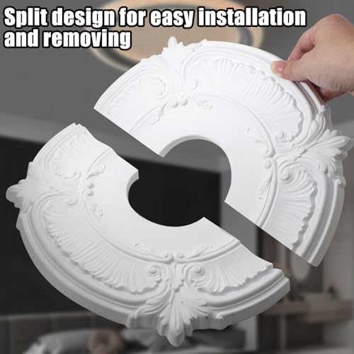 Image of Uenhoy Split Lighting Ceiling Medallions for Light Fixtures and Ceiling Fans, 11.6 inch OD x 3.5 inch ID Vintage Ceiling Cover Plate, PU Ceiling Fan Medallion, White