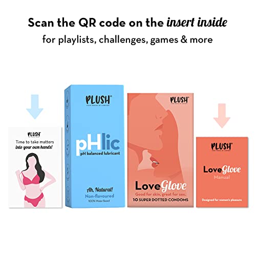 Image of Plush LoveGlove Premium Extra Super Dotted Condoms(10 N) & pHlic 100% Water Based Lubricant | Vegan, Electronically tested & pH Balanced | Non-flavoured & Compatible with toys | Naturally Sourced Latex
