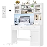 FirFurd Computer Desk with Drawers White Desk with Storage Shelves, Power Outlet & LED Lights, Dressing Table, Office Writing Table for Home Office Furniture Wooden 120x48x165cm