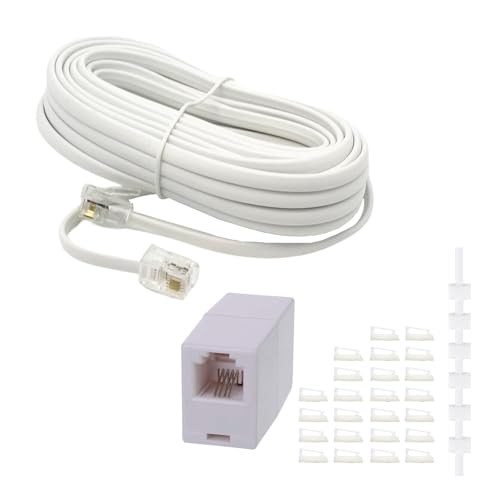 HAWAKA Phone Extension Cord 25FT Straight Through Telephone Cable Long Telephone Cable with Standard RJ11 Plug and 1 in-Line Couplers and 20 Cable Clip Holders (WH-25Feet)