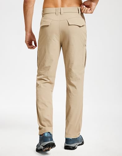 Men's Hiking Pants Lightweight Waterproof Nylon Cargo Work Pants Quick Dry Stretch Travel Fishing Pants 6 Pockets Khaki