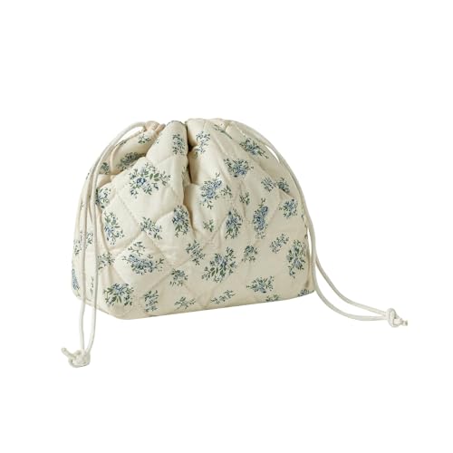 Bolsa de maquiagem acolchoada de algodão com cordão e forro de lona, bolsa de higiene pessoal fofa de viagem Coquette, bolsa de presente com cordão para mulheres e meninas, 11 flor azul