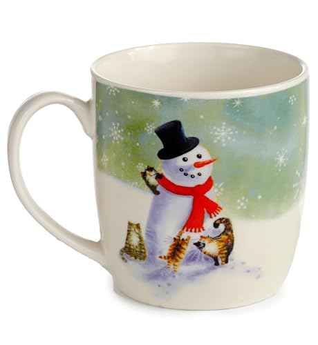 Puckator Kim Haskins Snowman and Cats Christmas Porcelain Tea Coffee Mug - Funny Home Accessories - Cute Gifts for Girlfriend - Large Mugs for Men Women Hot Drinks - Cups Presents - Secret Santa Gift