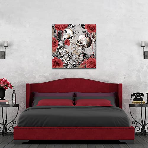 Nachic Wall - Skull Canvas Wall Art Skeleton Lovers With Red Rose Flower Painting Art Prints Modern Romantic Artwork For Bedroom Decor Halloween Day Of Dead Skull Posters Ready To Hang 24X24 #TOP1