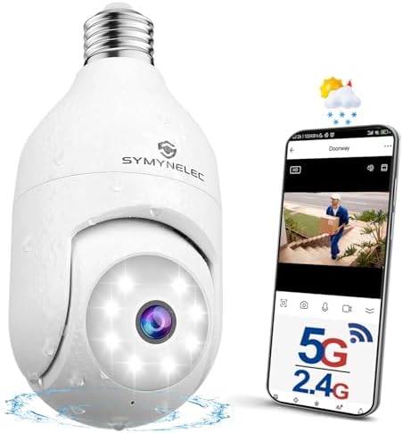SYMYNELEC Light Bulb Security Camera: Outdoor Wireless WiFi Light Socket Security Cam 360 AI Motion Detection Auto Tracking 2K Color Night Vision 2-Way Talk Siren (5GHz&2.4GHz)