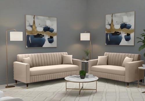 Image of AMATA Omega 3+2 Seater Cream Colour Suede Velvet Fabric Sofa Set with Two Cushions Perfect for Home Office Guests Living Room (06 Cream, Omega 3+2 Seater Sofa)(3 Year Warranty)