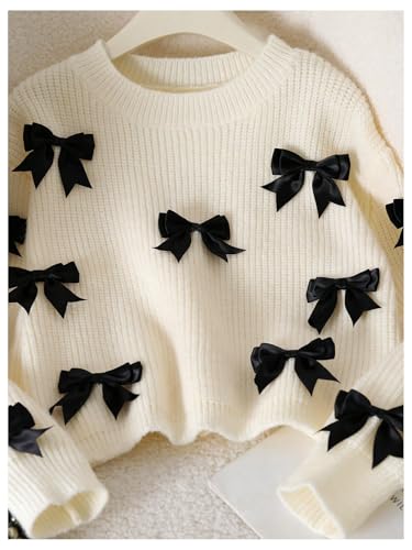 SHENHE Girl's Bow Sweater Crew Neck Long Sleeve Chunky Knit Cropped Sweater Pullover4