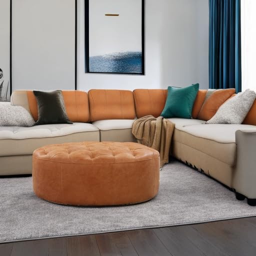Image of POLY & BARK Ascot Ottoman - 40 inch Round Pouf with Feather-Down Topper - Full-Grain Leather Upholstered Pouf Ottoman for Living Room - Vintage Italian Leather in Cognac Tan