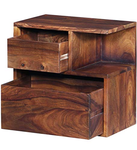 Image of DEMIWALL Solid Sheesham Wood Bedside Table | Wooden Bed Side Tables with Drawer | Nightstand Side Table for Bedroom | Night Stand End Table with 2 Drawers & Shelf Storage for Home | Teak Brown Finish