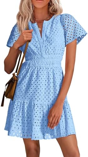 PRETTYGARDEN Womens 2026 Summer Short Dress V Neck Short Sleeve A Line Hollow Out Lace Ruffle Cute Casual Beach Party Dresses
