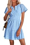 PRETTYGARDEN Womens 2025 Summer Short Dress V Neck Short Sleeve A Line Hollow Out Lace Ruffle Cute Casual Beach Party Dresses (Light Blue,Large)