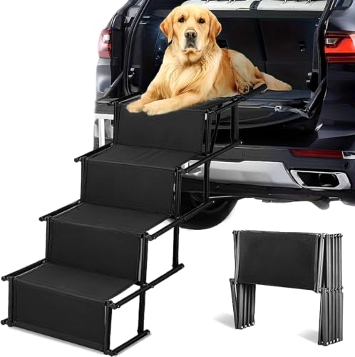 Hundetreppe Auto Klappbar, Hunderampe 4 Stufen für Auto, SUV & Hohe Betten