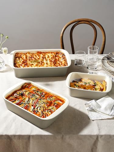 Image of LE TAUCI Deep Casserole Dishes for Oven, 13.7 inchx9.6 inch Ceramic Baking Dish Set with Roasting Racks, Large Lasagna Pans with Handles, Rectangular Bakeware as Gift for Mom, Oatmeal Greige (4.6QT /3.0QT /1.6QT), Set of 3