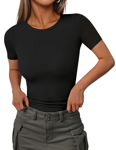 Ekouaer Women Short Sleeve Shirts Lightweight Thermal Tops Ribbed Knitted Outfit Tees Soft Crew Neck Undershirt Basic Clothes