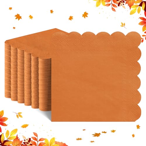 NatNarr 120 Pcs Orange Napkins,Scalloped Orange Cocktail Napkins Disposable Fall Beverage Napkin Burnt Napkin for Fall Party Halloween Thanksgiving Birthday Wedding, 5 x 5 Inch