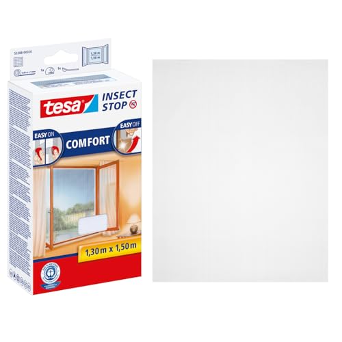 tesa Insect Stop Comfort Fliegengitter für Fenster - Insektenschutz mit Klettband selbstklebend - Fliegen Netz ohne Bohren - 130 cm x 150 cm - Weiß (Leichter Sichtschutz)