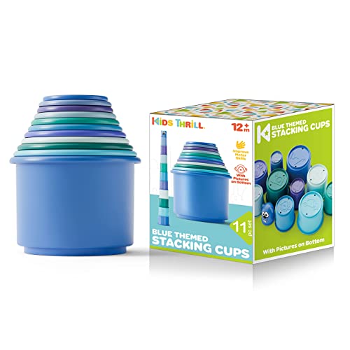 Image of KIDSTHRILL Blue Modern Design Set of 11 Stacking Cups, Baby boy Toys & Girls Infants 12 Months & Toddlers 1-3, with Drainage Holes for Baby Bath Toys Tub, Stackable Nesting Sorting Toys