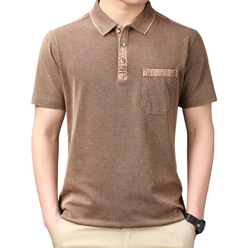 Men Lapel Casual Loose Checked T Shirts Quarter Button Chest Pocket Work Shirt Summer Pullover Tops (Coffee,X-Large)