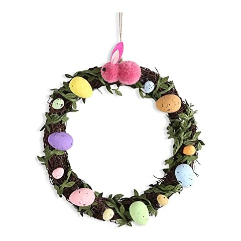 Henfear Easter Egg Wreath 9.5 Inch Small Easter Bunny Wreath with Rattan Base and Green Leaves Easter Wreaths for Front Door Festival Home Decor Cover