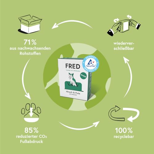 FRED Senior Nassfutter Hirsch & Pute – 28 % Hirsch & 12 % Putenherzen – speziell für ältere Hunde – mit Amaranth, Spirulina & Grünlippmuschel – 390 g Tetra Pak