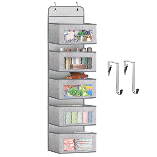 Image of Vaisoz Over the Door Organizer, 5 Pockets Fabric Over the Door Storage with Mesh Perspective Window, Door Hanging Organizer for Closet(Snow Grey)