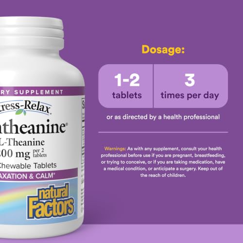 Image of Natural Factors Suntheanine L-Theanine 100 mg - Health Supplement for Calm Outlook - L-Theanine Supplement Supports Relaxing Sleep & Aids Against Drowsiness - 60 Chewable Tablets (30 Servings)