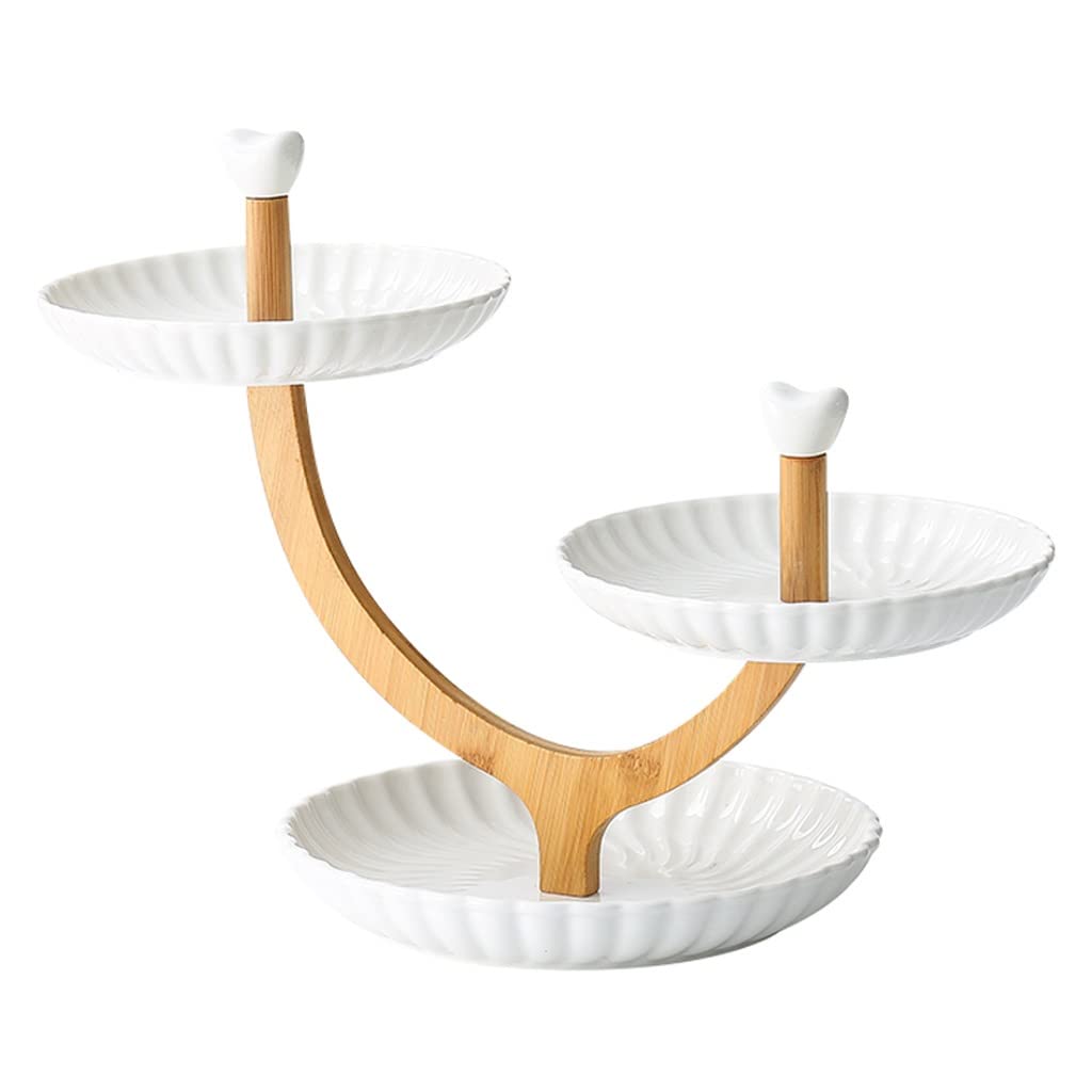 Patera na Owoce Miska na Owoce Kosz na Owoce Zestaw miski owocowej z naturalnym bambusowym stojakiem, ceramiczny koszyk owocowy serwujący taca zestaw do owoców, przystawka deserowy, ciasto, cukierki S