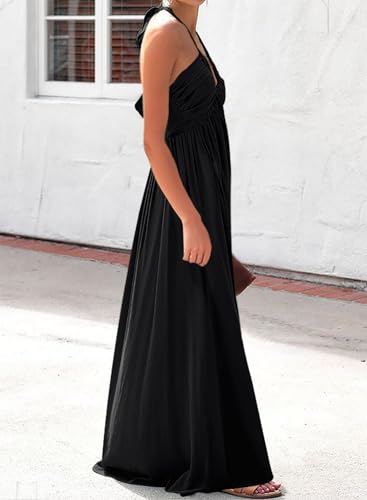 Maxi Dresses for Women 2025 Sexy Halter V Neck Backless Smocked High Waisted A Line Beach Vacation Sundress4