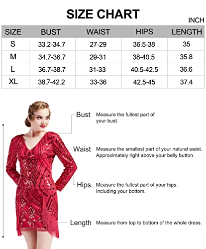BABEYOND 1920s Flapper Long Sleeves Dress Great Gatsby Fringed Sequins Dress for Prom Party (Rose Red, X-Large)