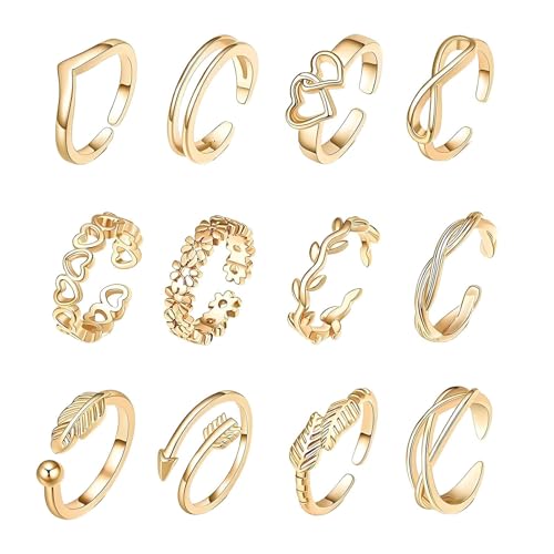 louuuou 12 PCS Gold Toe Rings for Women, Adjustable Rings Womens Stackable Ring for Women Ring Jewellery Floral Heart Arrow Patterns Summer Beach Jewelry Accessories