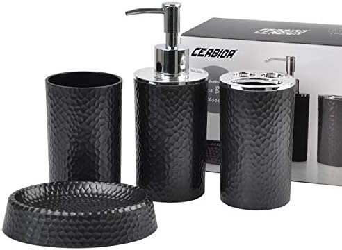 CERBIOR Bathroom Accessories Set 4 Piece Bath Ensemble Includes Soap Dispenser, Toothbrush Holder, Toothbrush Cup, Soap Dish for Decorative Countertop and Housewarming Gift, Black