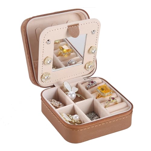 Image of KElofoN Travel jewelry case Travel jewelry box Travel Jewelry Organizer Small Jewelry Organizer Box Gift for Girls Women with Mirror(Coffee)