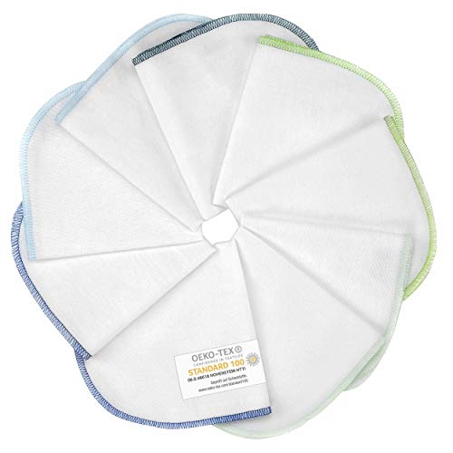 Makian Molton Baby Waschlappen Set mit Schlaufe, 30x30 cm - 9 Stück Moltontücher aus 100% Baumwolle, schadstoffgeprüft nach Öko-Tex Standard 100 - Weiß mit buntem Rand (Blau Grün) Cover