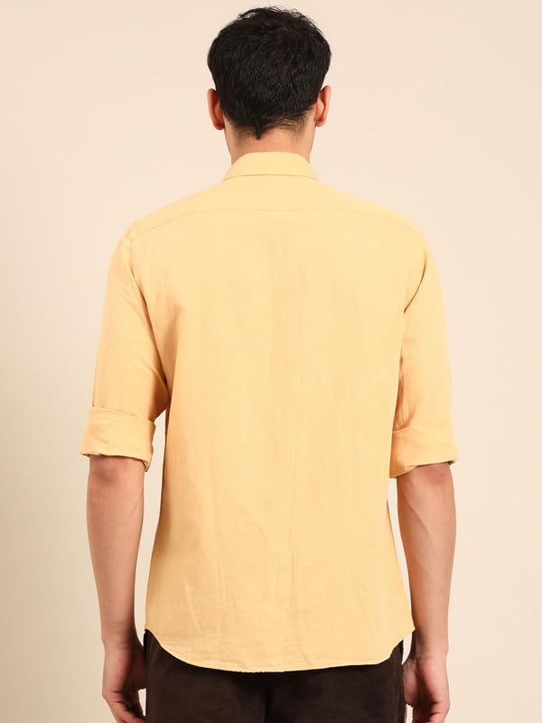Image of Linen Club Men's Pure Linen Olive Solid Contemporary Fit Full Sleeve Casual Shirt