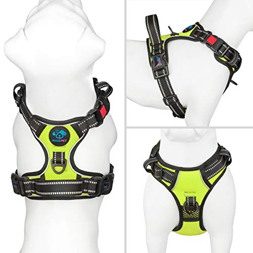 Image of PHOEPET No Pull Dog Harness Medium Reflective Front Clip Vest with Handle,Adjustable 2 Metal Rings 3 Buckles,[Easy to Put on & Take Off](M, Green)