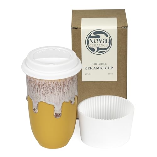 Image of NOVA CERAMICS Ceramic Tumbler- Ceramic Travel Mug With Lid - Microwave & Dishwasher Safe Coffee White & Orange Tumbler - Gifts For Women Men Him Her - 16oz - Grapefruit