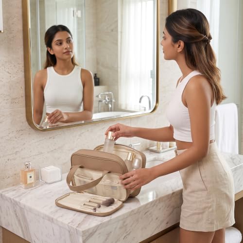 Image of WEMOL Large Opening Cosmetic Travel Bag for Women, Mocha Brown Big | Super Soft, For Brushes, Toiletries, Cosmetics