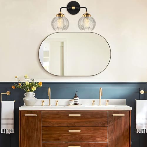 Image of Mid Century Modern Wall Sconce Bathroom Light fixtures 2 Light Ribbed Globe Sconces Vanity Lighting Fixture Black and Gold Vanity Lights Double Wall sconces with Clear Glass Shades